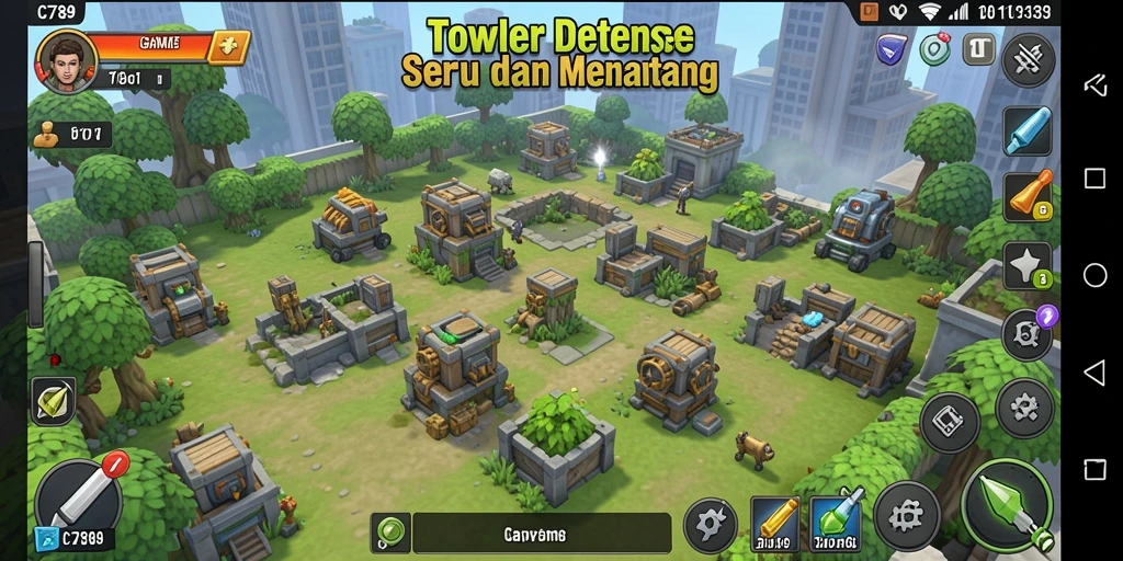 Screenshot gameplay C789 menunjukkan aksi menegangkan dalam Tower Defense.