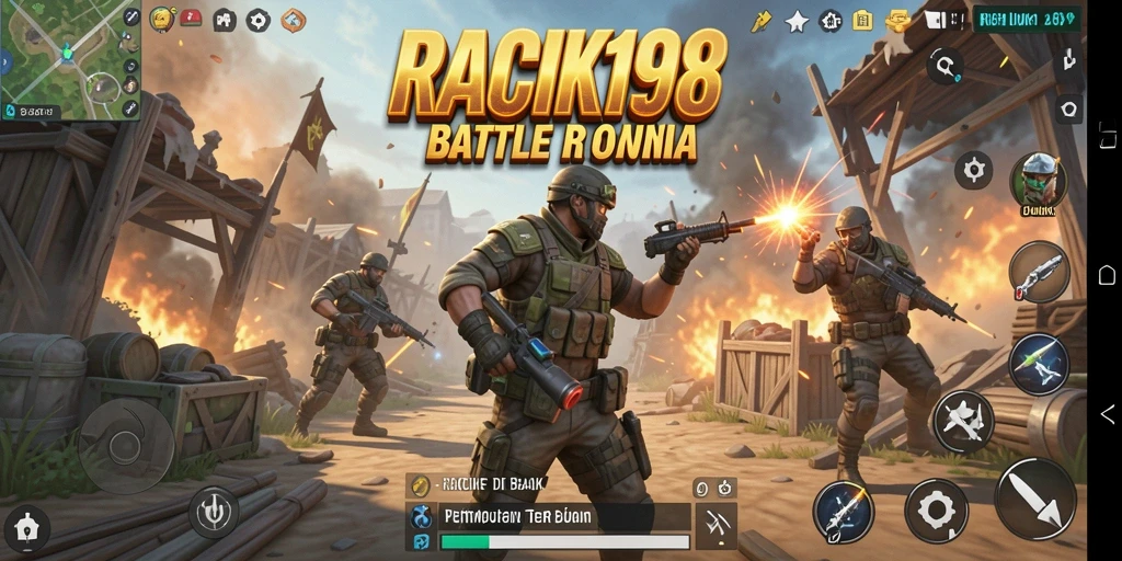 Screenshot gameplay RACIK198 menampilkan pertempuran intens di arena Battle Royale.