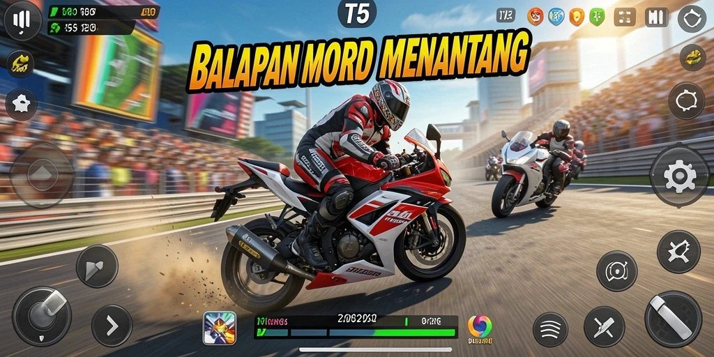 Tampilan menegangkan dalam gameplay balapan motor T6.