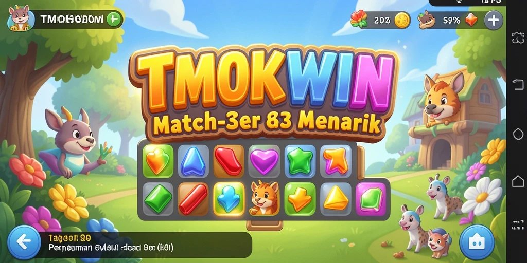 Tampilan gameplay TMOKWIN dengan grafis warna-warni dan tantangan Match-3.