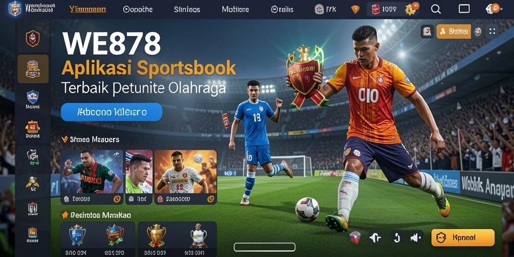 Screenshot utama WE878 menunjukkan tampilan aplikasi Sportsbook yang menarik dan informatif.