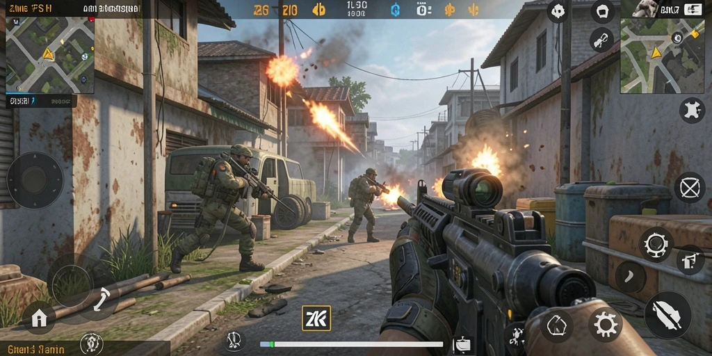 Tampilan gameplay ZK7 yang menegangkan dan realistis di dalam pertempuran FPS.
